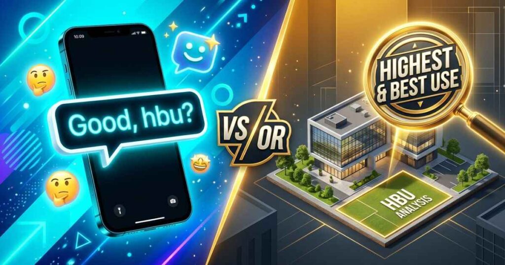 An illustration depicting a smartphone text message reading "Good, hbu?" representing the full form of HBU in chat.