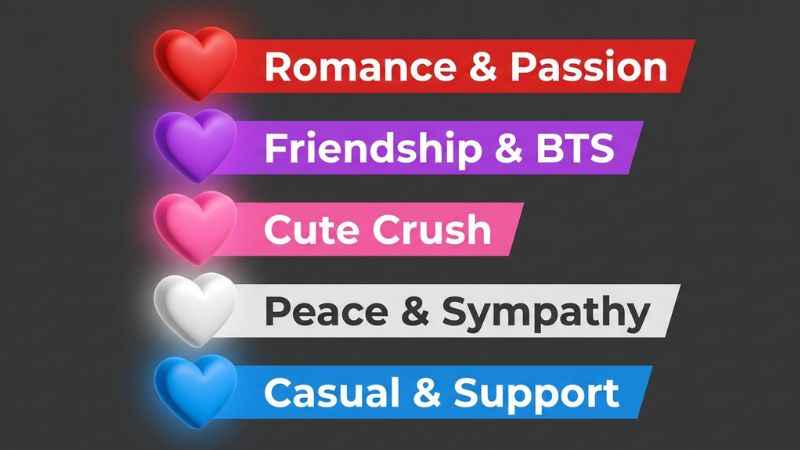 Heart emoji color chart comparing the tone and meanings of red, purple, pink, white, and blue hearts.
