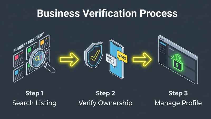 A step-by-step guide showing how to verify and claim a company profile on YP.com.
