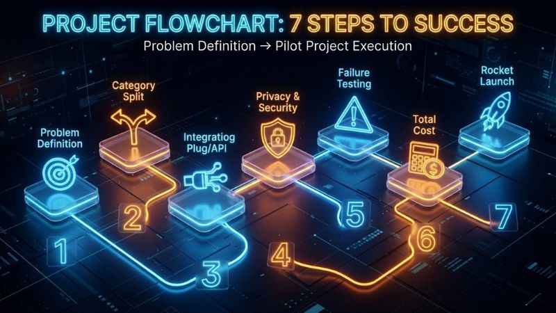 Infographic outlining the 7-step process for evaluating data privacy, API integrations, and costs of AI software.