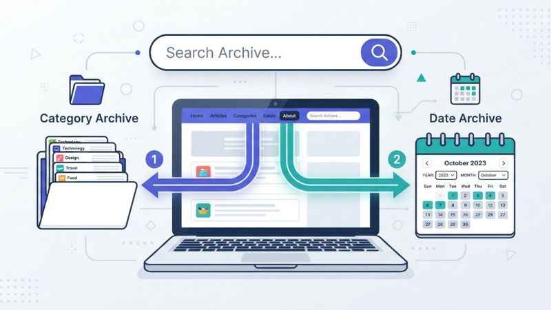 A digital vector graphic illustrating how to browse article categories and date archives on a modern website.
