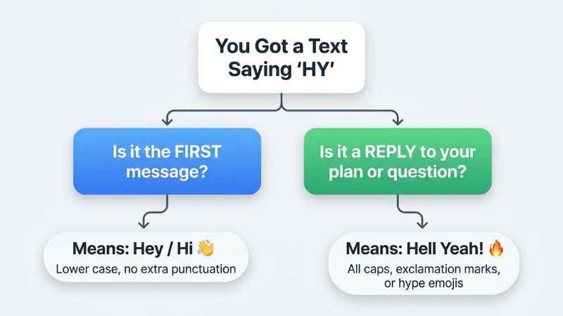 Flowchart graphic showing how to figure out if HY means hey or hell yeah based on chat position and emojis.