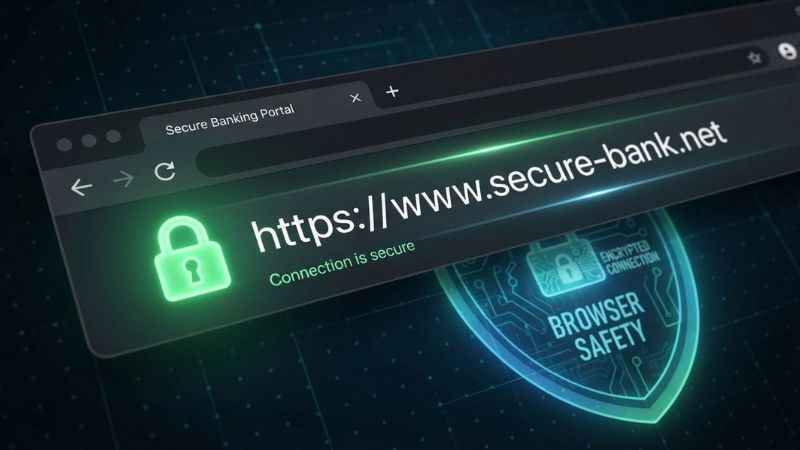 Example of a web browser address bar displaying an HTTPS connection padlock icon and domain verification.