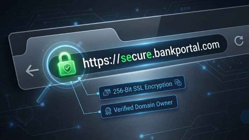 Proposed illustration of a web browser address bar showing an HTTPS padlock icon to explain website security encryption.