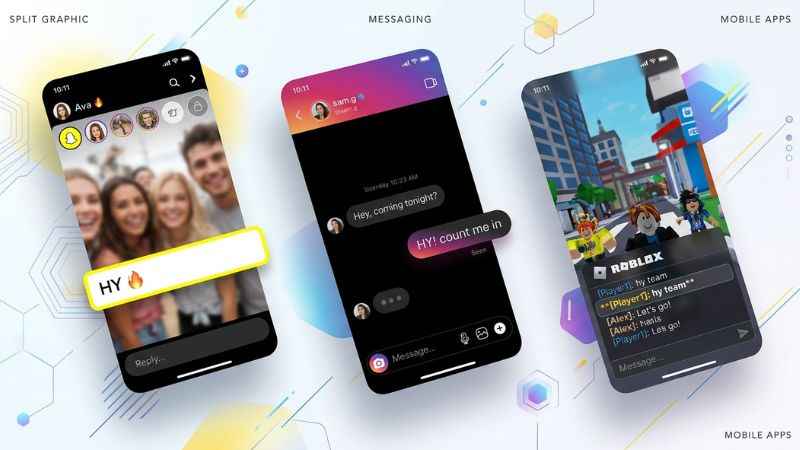 Interface mockups of social media apps demonstrating how users type HY on Snapchat, Instagram, and Roblox.