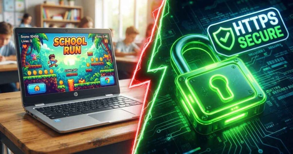 A school Chromebook displaying a lightweight 2D HTML5 browser game on a clean desk next to a green HTTPS security lock badge.