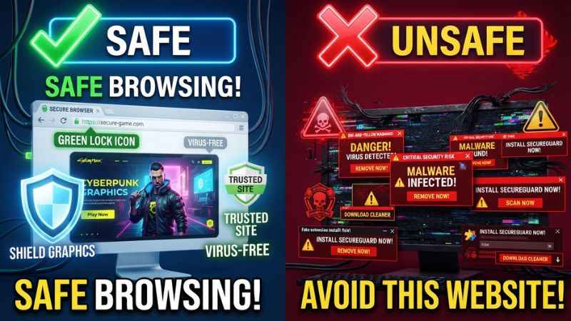 Diagram showing security green flags and red flag pop-up warnings on browser game websites.