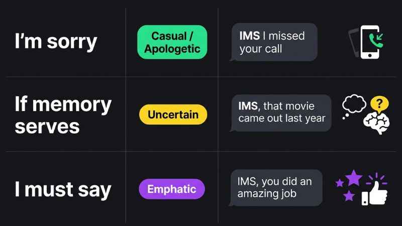 A table listing documented meanings of the text abbreviation IMS with tone and example sentences.