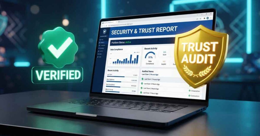 Illustration showing a laptop displaying the infopressbeat com homepage alongside trust and safety verification icons.