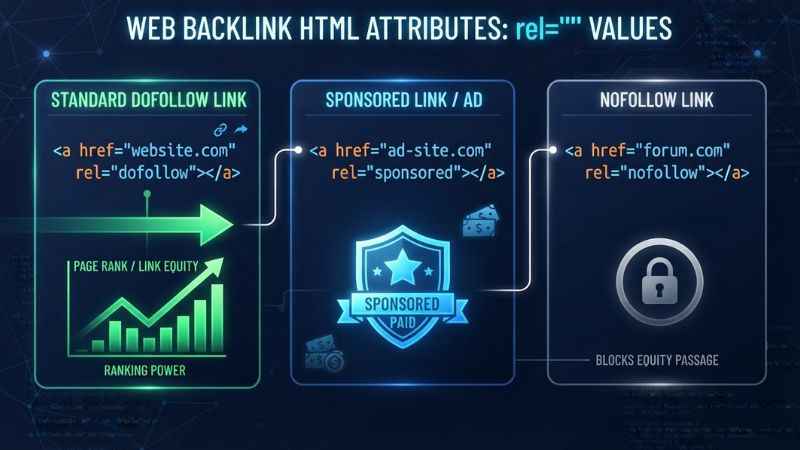 Diagram explaining the difference between dofollow and sponsored link tags for infopressbeat com publishing.