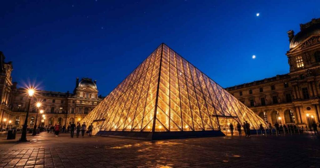 Illuminated Louvre Pyramid at night during a self-guided PlayBattleSquare interactive walk in Paris.