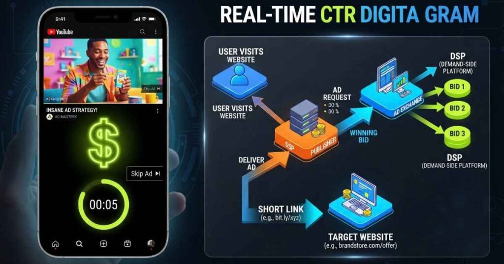 Detailed flowchart illustration showing how interstitial ad auctions, link shorteners, and user redirects operate in real-time online advertising networks.