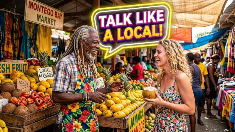 A tourist using everyday Jamaican slang greetings with a local market vendor in Jamaica.