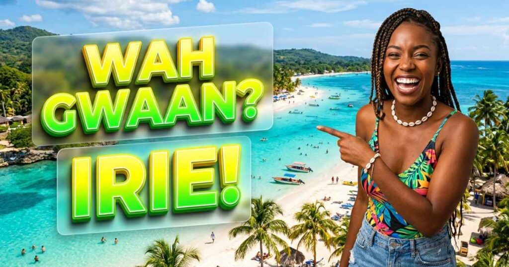 A graphic displaying popular Jamaican slang words like Wah Gwaan and Irie over a sunny beach background.