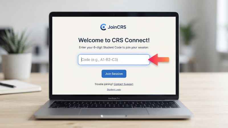 The joincrs com student entry screen with an arrow pointing to the code input box.