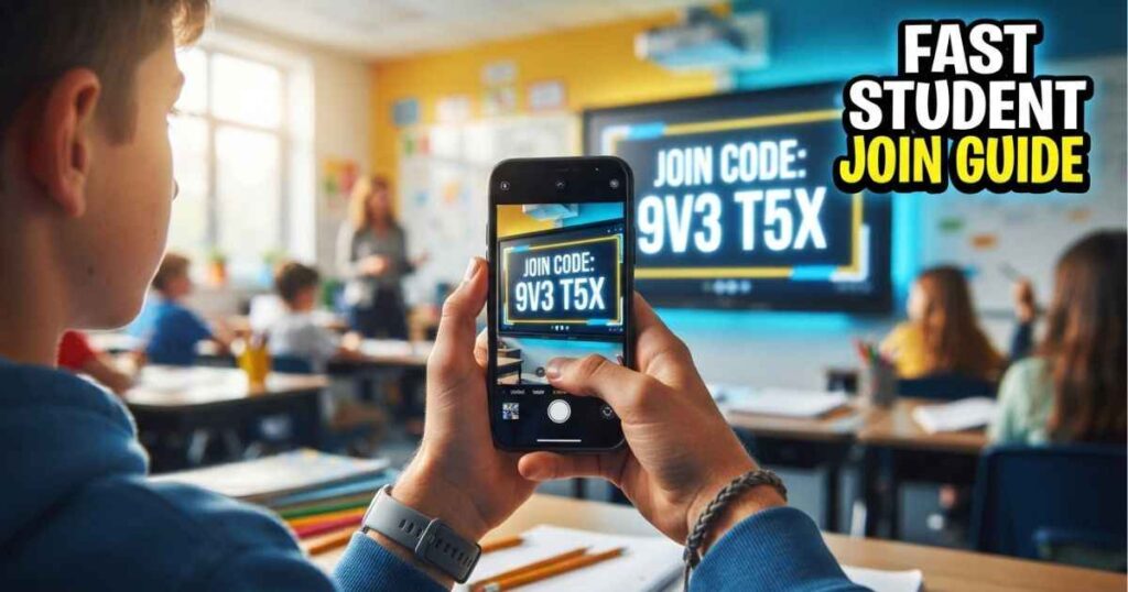 A student using a smartphone to scan a joincrs com session code on a classroom display board.