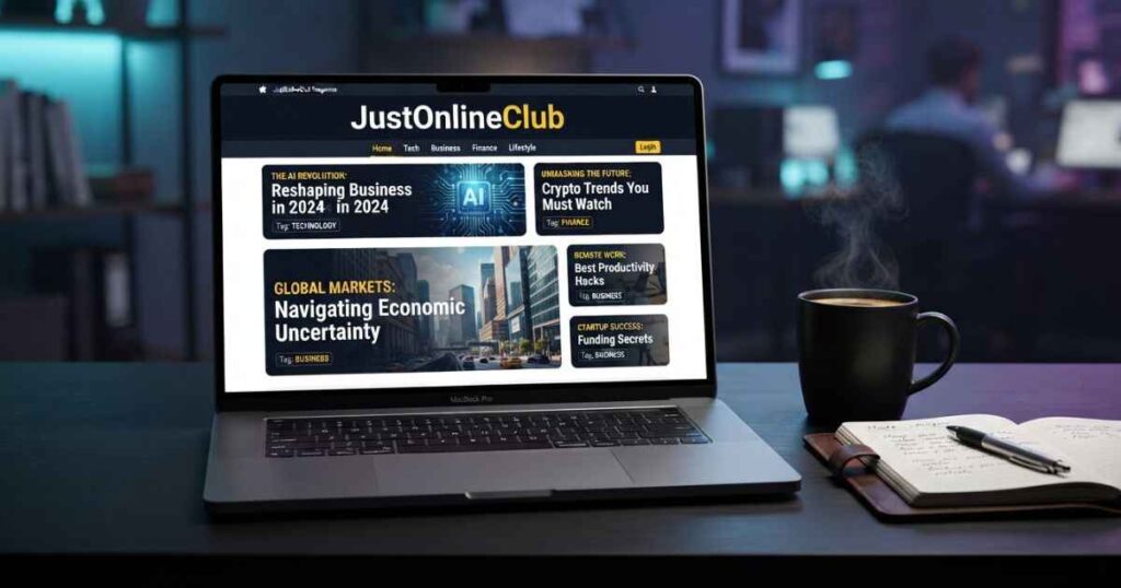 Laptop displaying a multi-topic digital publishing platform on screen.