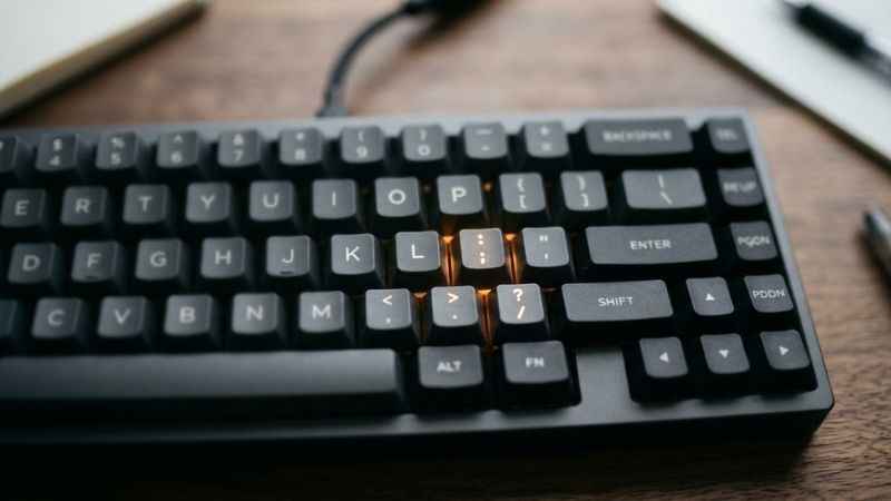 A close-up view of a computer keyboard highlighting the colon and forward slash keys used to type emoticons.