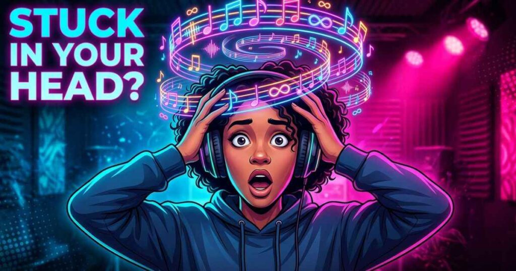 An illustration of a person wearing headphones with a glowing music loop around their head representing Last Song Syndrome.