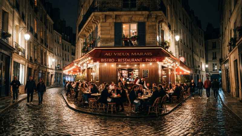 Lit café terrace on a historic cobblestone street in Le Marais Paris after dark.