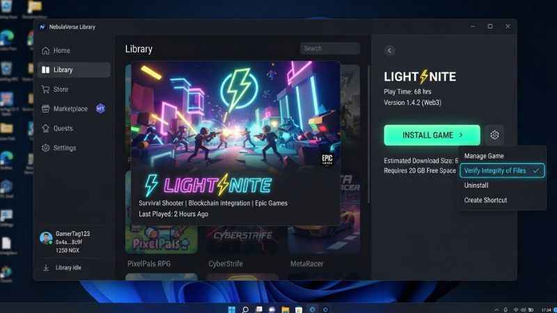 Elixir Launcher library showing how to install and verify Light Nite game files on PC
