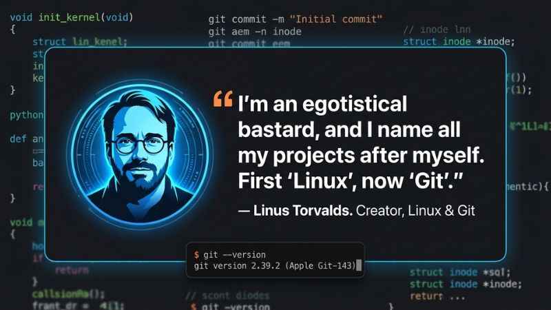 A quote box showing why creator Linus Torvalds named his software Git after British slang.