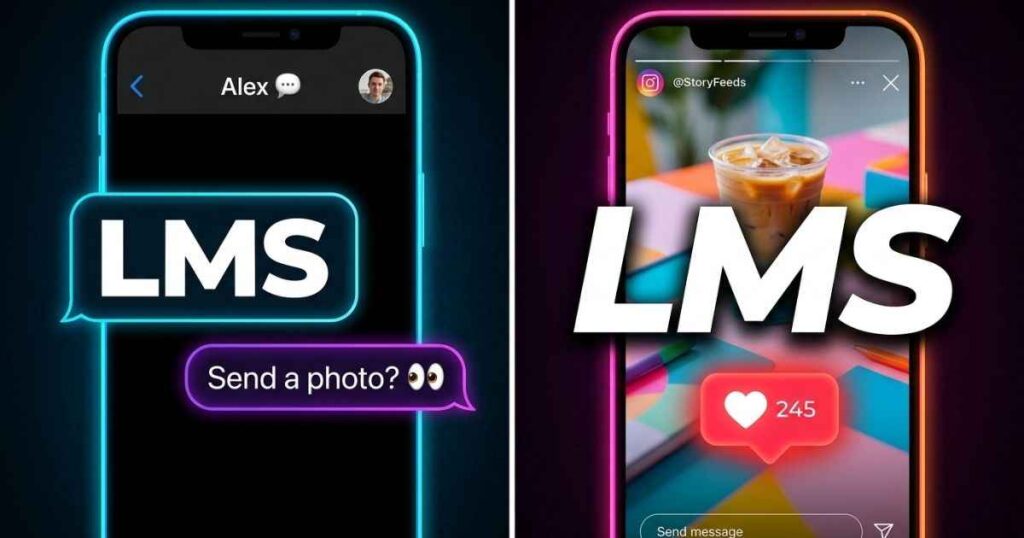 Smartphone screen demonstrating lms meaning text slang in a direct message and social media story.