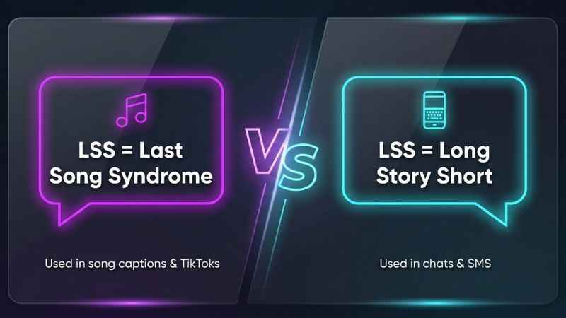 A visual comparison diagram showing LSS meaning in song captions versus general texting chat messages.