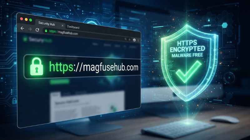 Web browser window displaying a secure HTTPS lock icon and green security badge for MagFuseHub com.