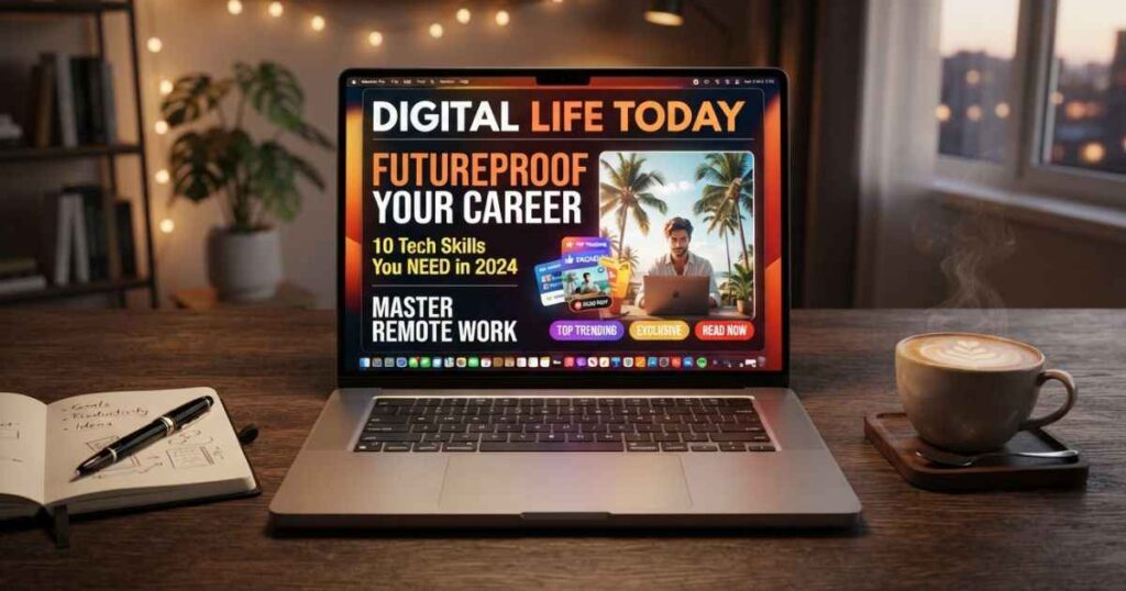 An illustrative mock-up of a laptop displaying a digital media publication layout.