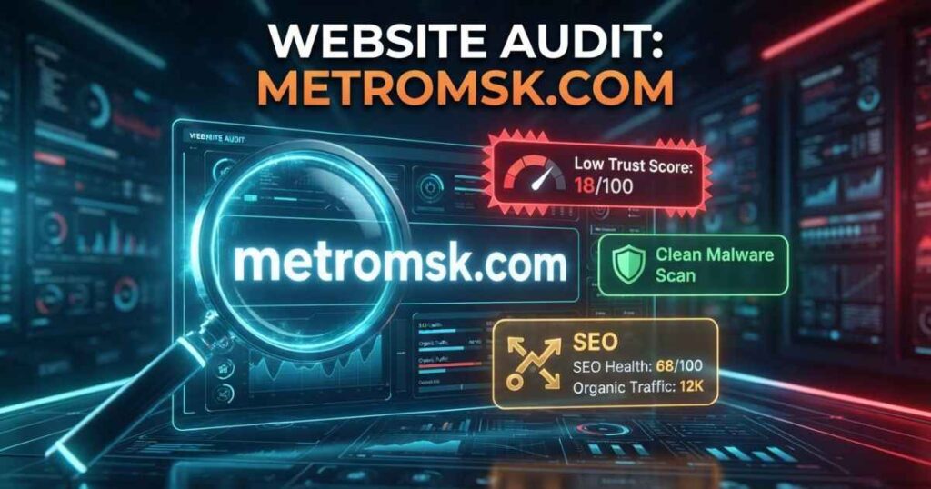 Metromsk.com website review banner showing digital magnifying glass analyzing domain trust scores and SEO metrics.