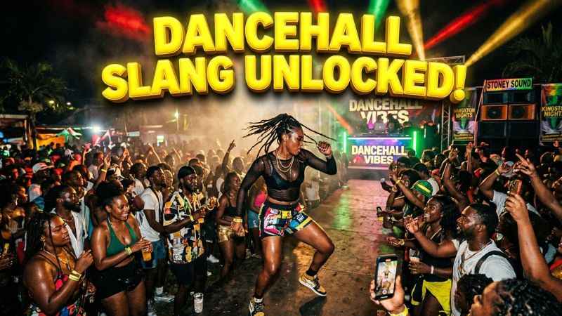 People dancing at a live dancehall event where modern dancehall Jamaican slang originates.