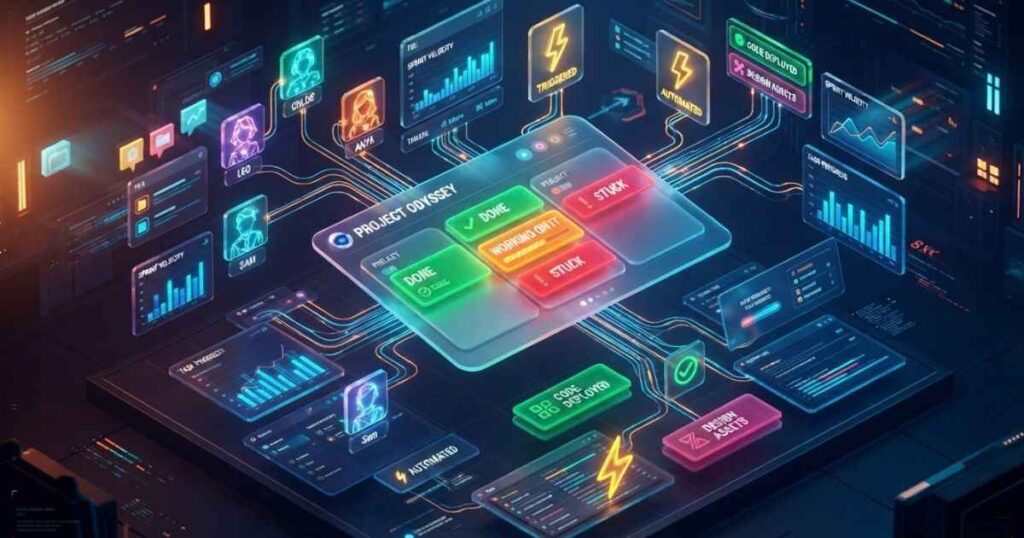 Illustrated 3D breakdown of a modern digital workflow board showing task statuses and project progress.