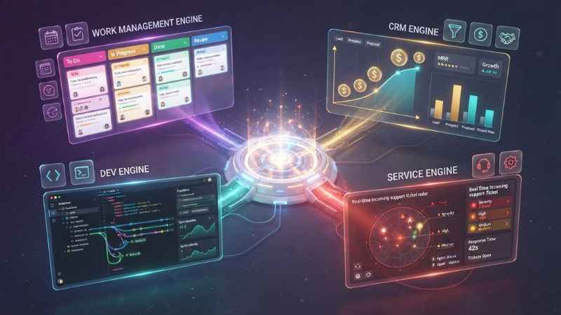 Visual representation of the four specialized products: Work Management, CRM, Dev, and Service.