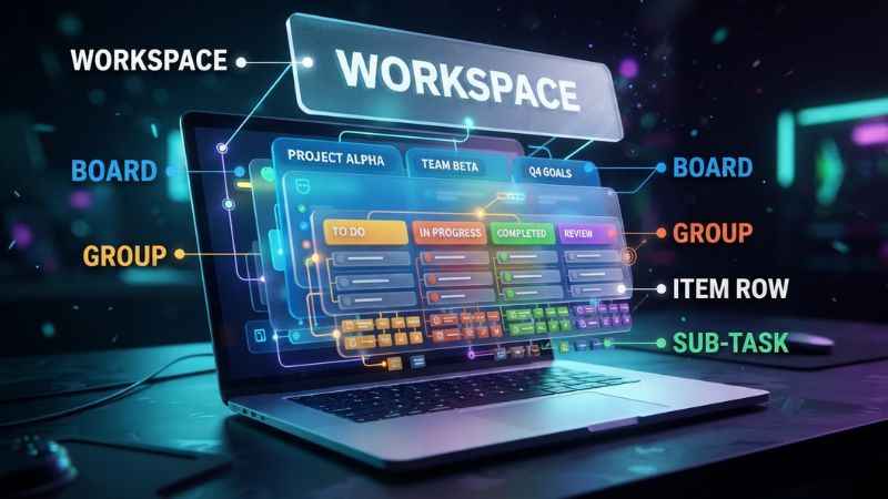 Visual diagram showing the step-by-step structural hierarchy from Workspace down to Items and Subitems.
