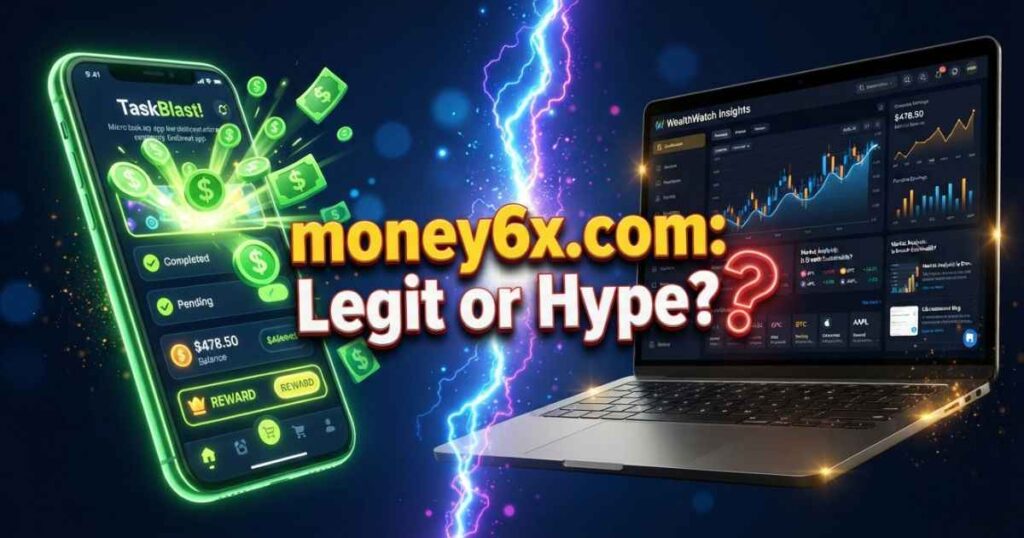 Illustrative graphic comparing online money tasks and financial articles for money6x.com.
