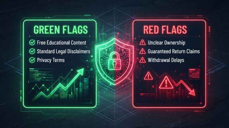 Red flags and green flags safety checklist for checking financial website legitimacy.
