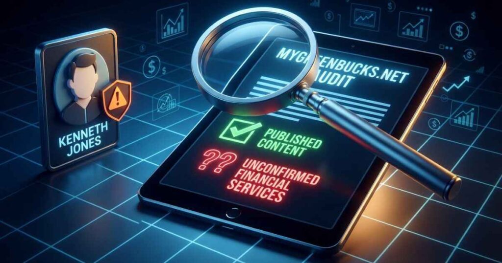 Fact-check audit graphic evaluating MyGreenBucks net Jones claims and website status.