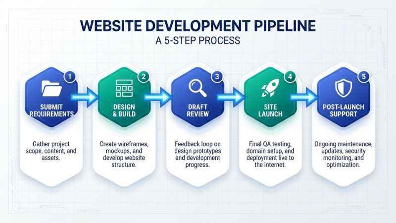 Step-by-step web design workflow diagram showing requirements, draft reviews, and site launch steps.