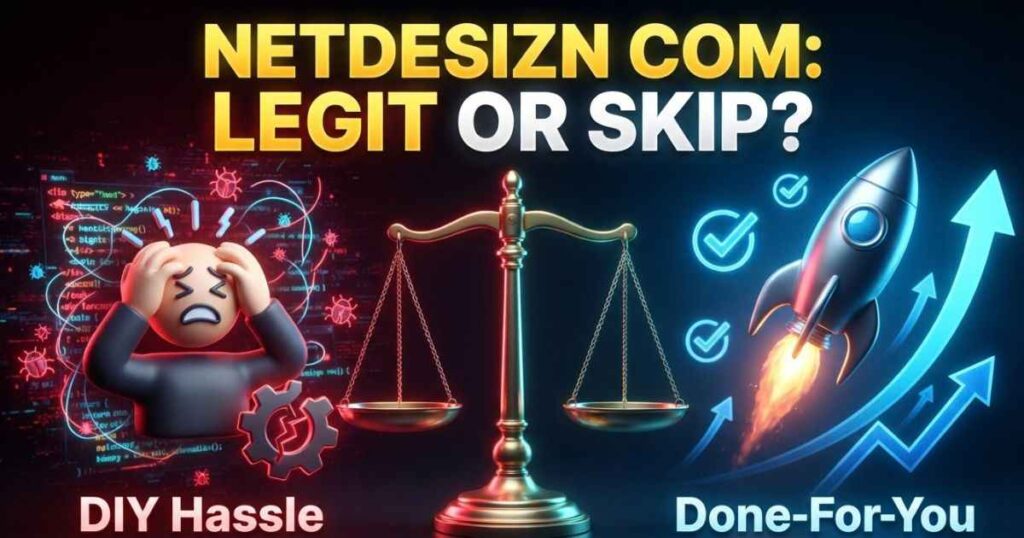 Netdesizn com review concept showing a comparison between DIY website tools and done-for-you agency services.