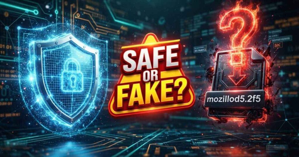 Illustration of a security shield beside an unknown software file labeled mozillod5.2f5.