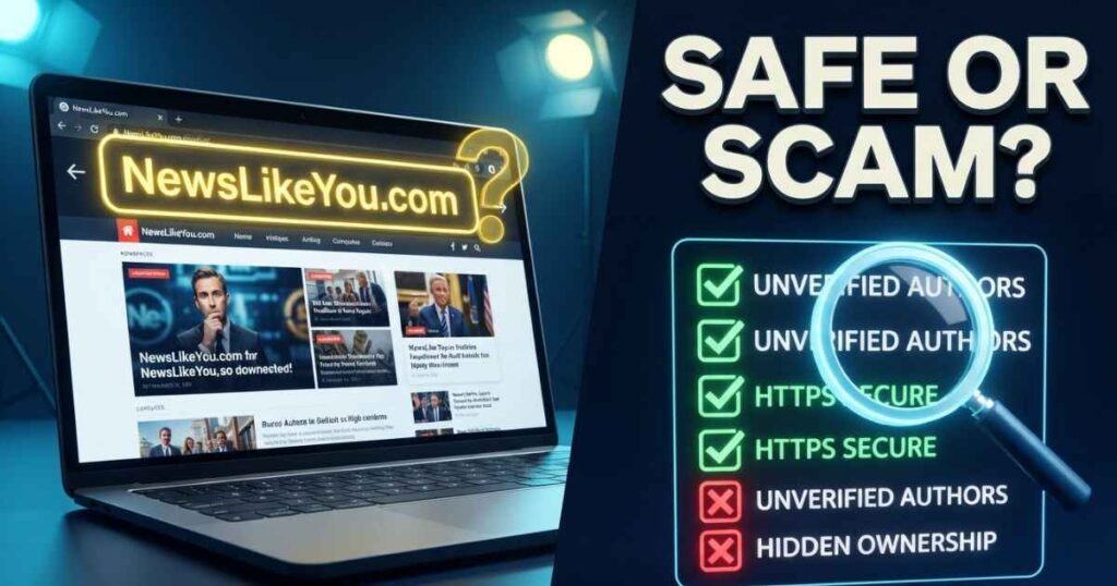 A laptop showing the NewsLikeYou.com homepage alongside a digital trust verification checklist.