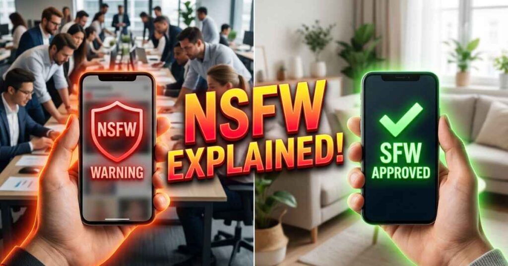 Conceptual illustration explaining the slang meaning of NSFW with warning signs on a smartphone screen.