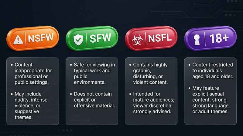 Comparison chart defining internet acronyms NSFW, SFW, NSFL, and 18+.