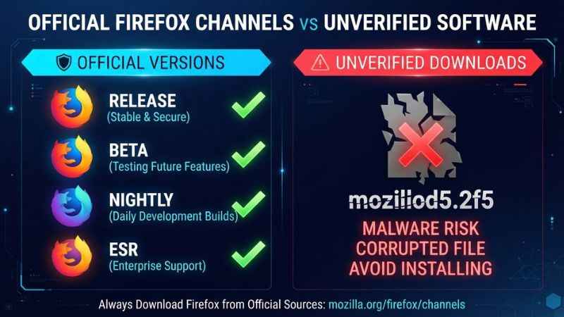 Diagram comparing official Firefox channels like Release and Nightly against unverified software identifiers.