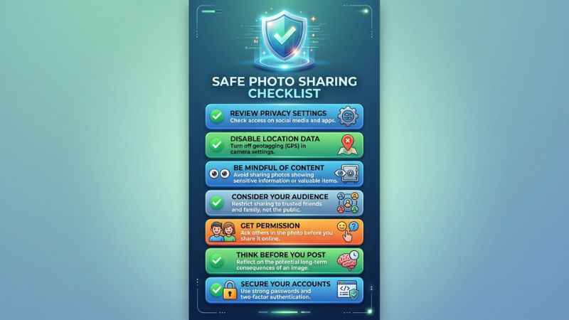 Checklist for teens and parents on safe photo sharing rules in text messaging.