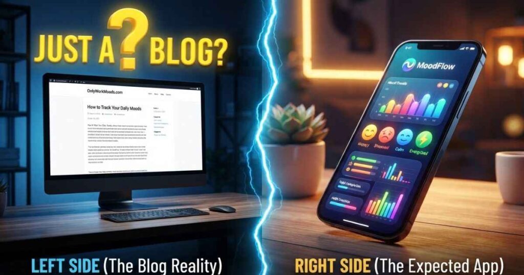 A side-by-side comparison illustrating a digital work blog on a computer monitor and an interactive mood app on a mobile phone screen.