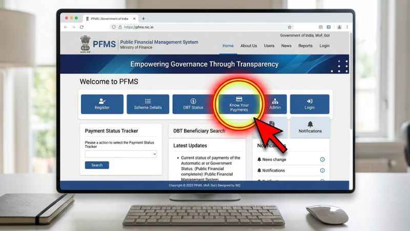 Screenshot of the official PFMS homepage showing the location of the Know Your Payments tool link.