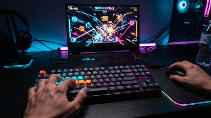 Hands using laptop keyboard WASD controls to play a fast-loading HTML5 browser game.