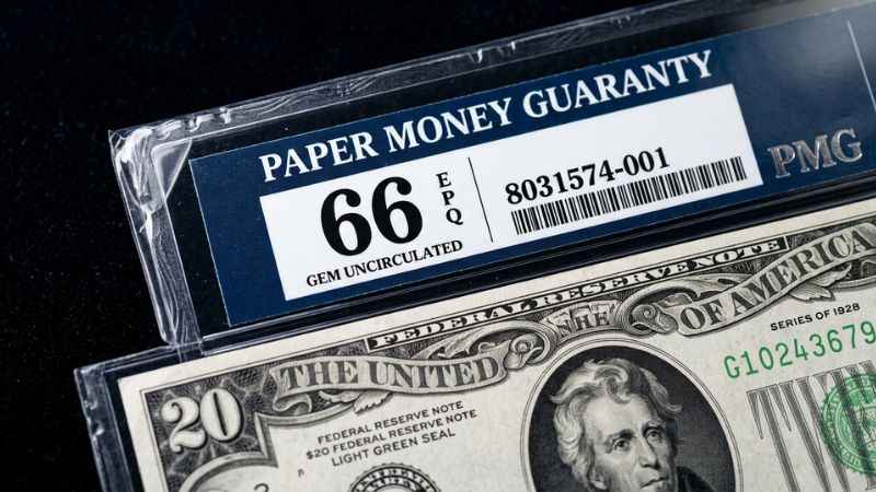 Close-up shot of a rare vintage dollar bill certified in a Paper Money Guaranty PMG plastic slab with grade and EPQ mark.